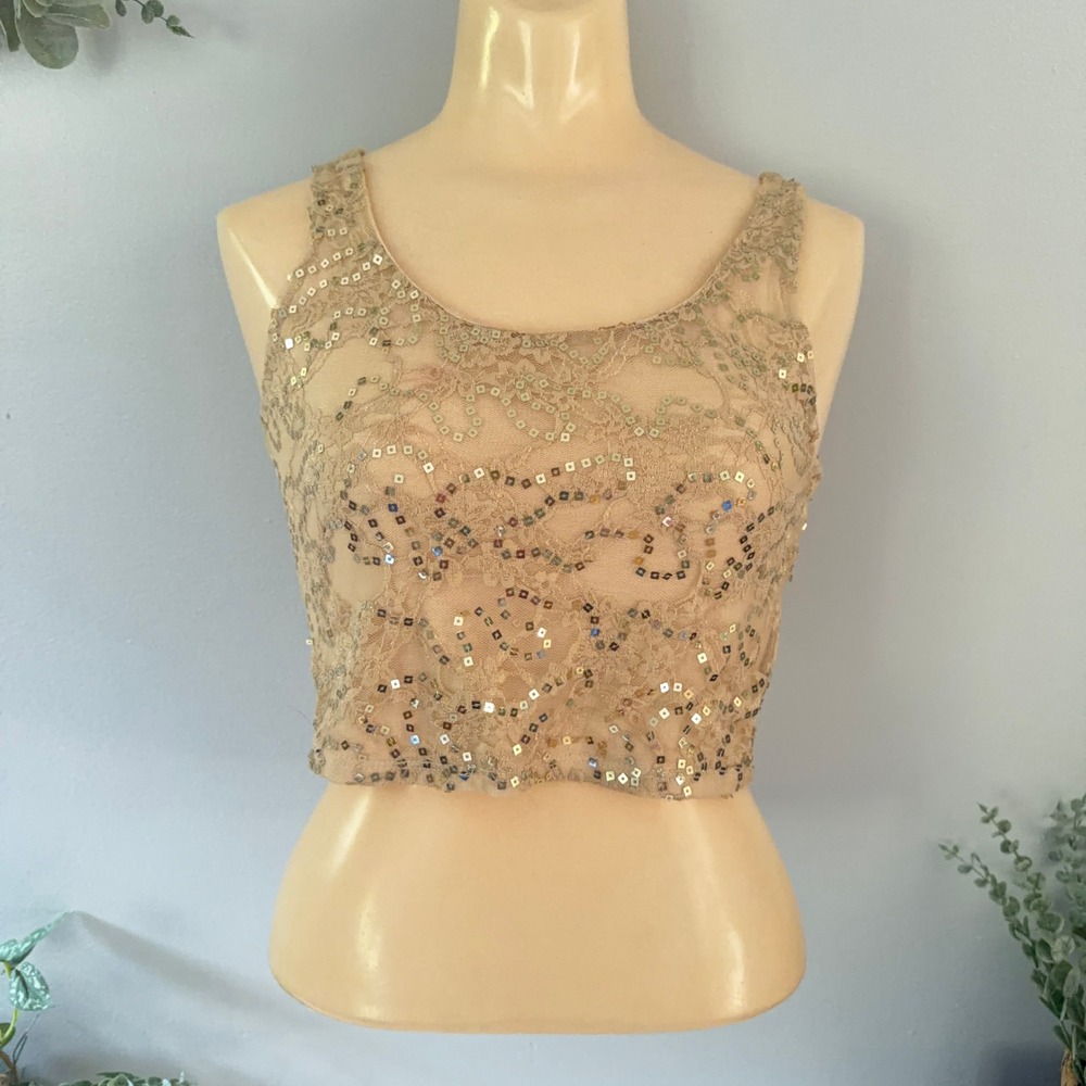 Charlotte Russe Crop Top Y2K Coquette Festival Beige Floral Lace Sequin Wmns M